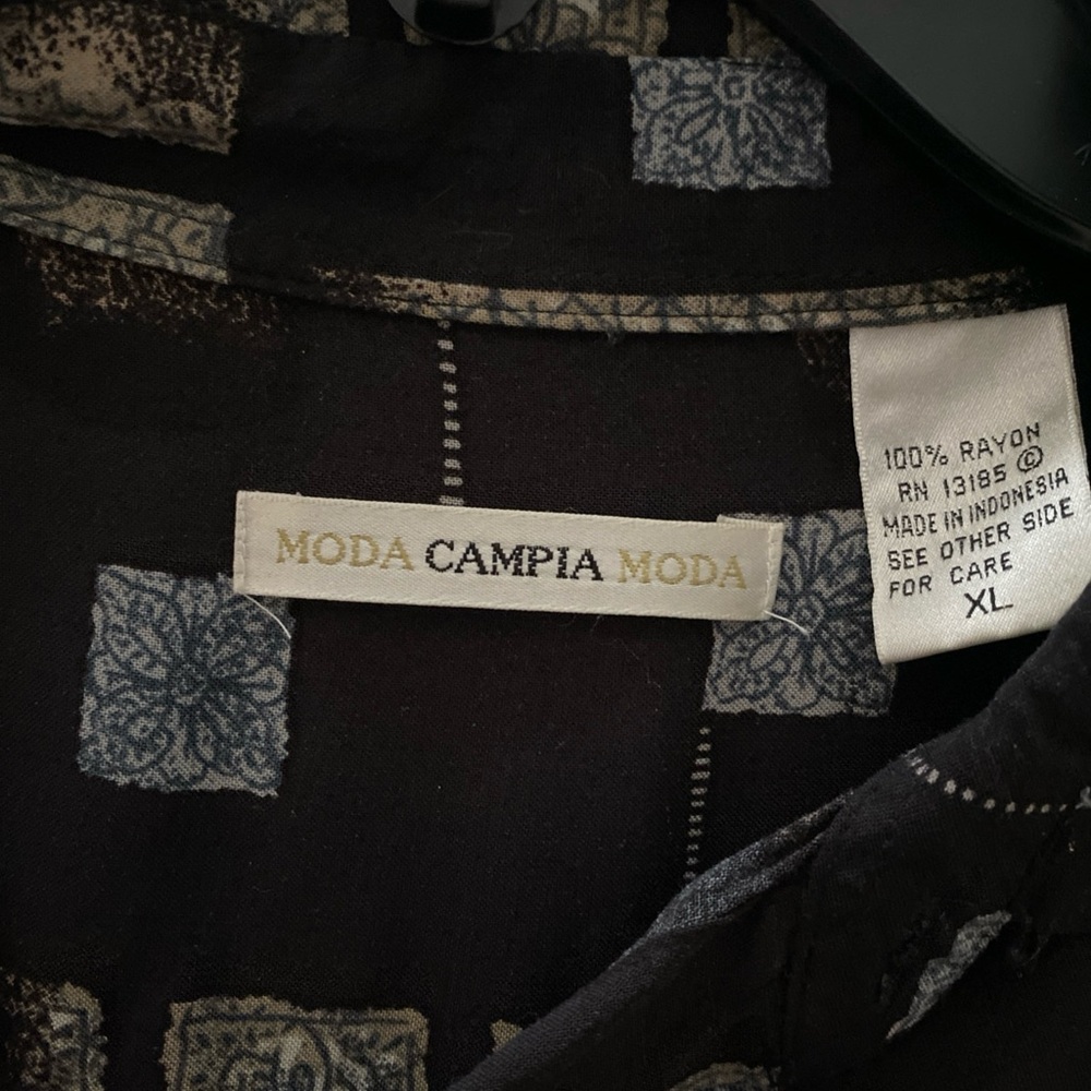 Moda Black W/Blue & Tan Square Button Down Shirt 100% Rayon Short Sleeve Sz XL